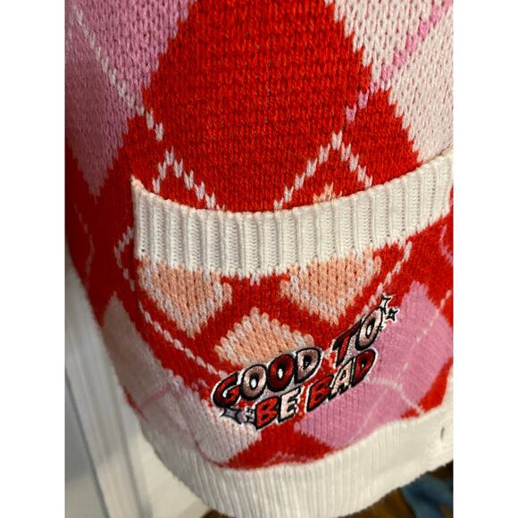 DC‎ Comics Harley Quinn Diamond Argyle Red Pink White Cardigan Size SM - Picture 4 of 9